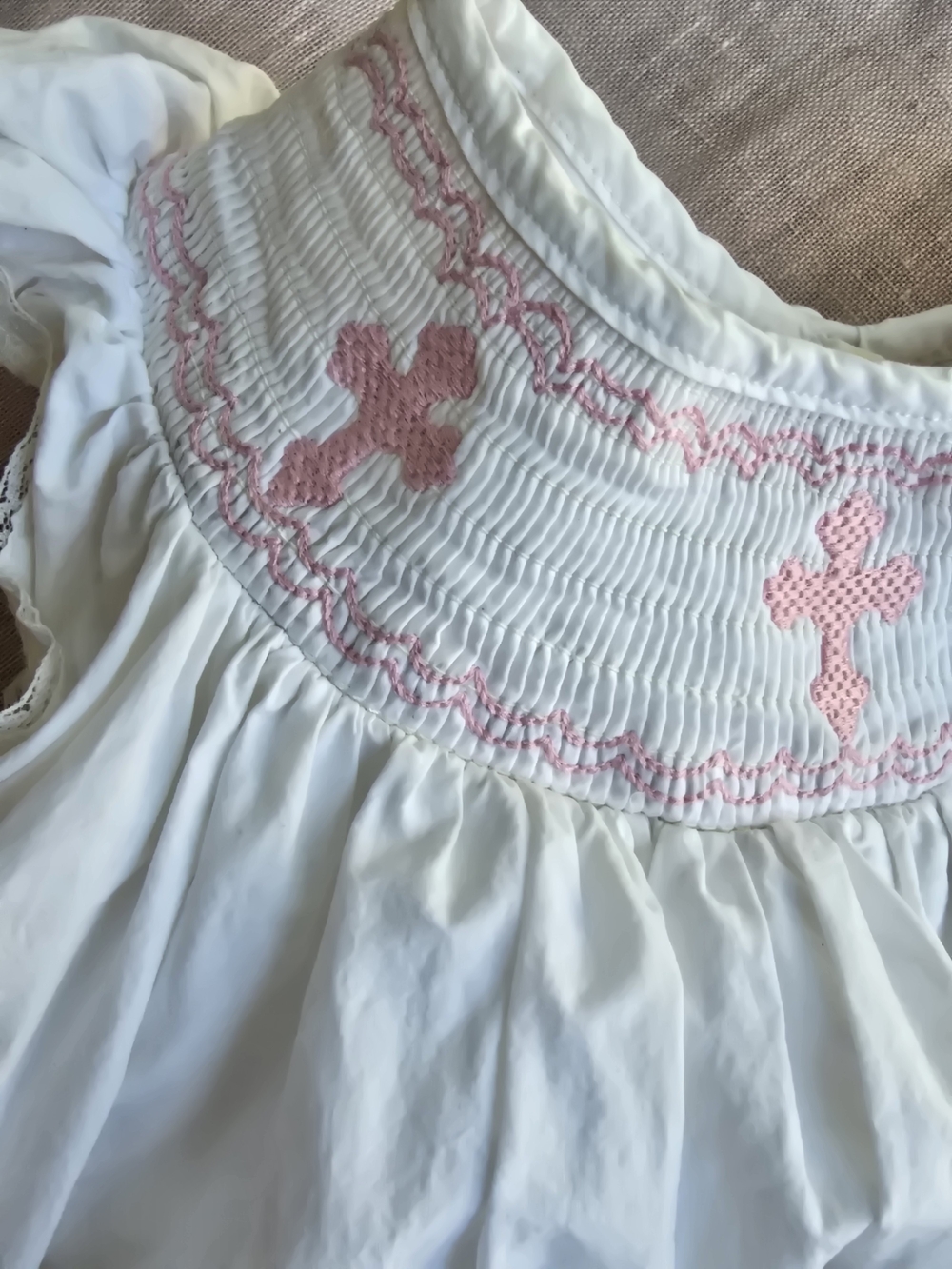 Cactus White Girls' Dress with Pink Smocked Crosses